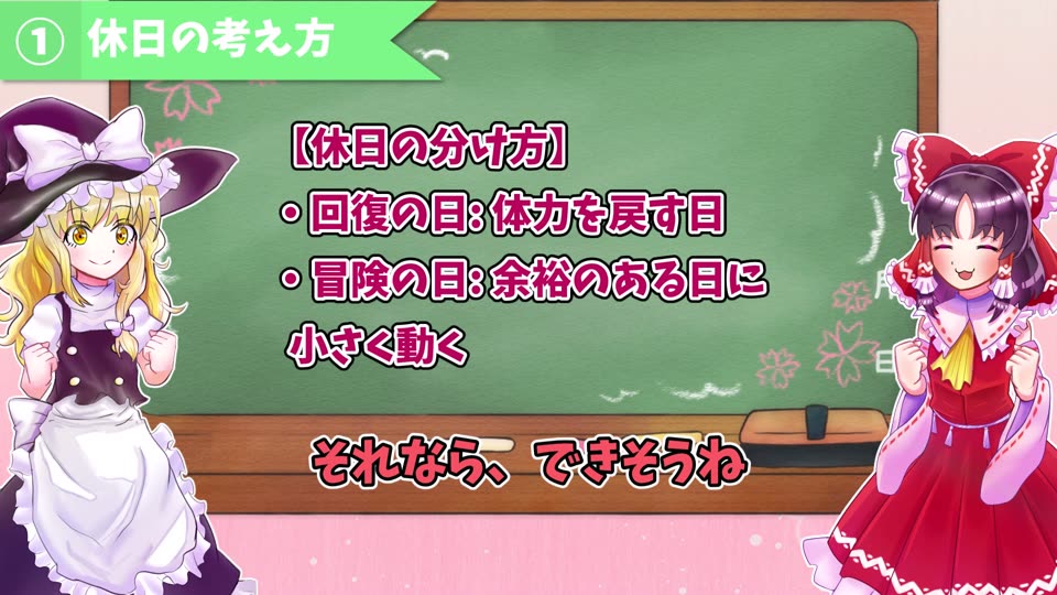 動画では、回復の日と冒険の日の考え方を黒板で整理しています